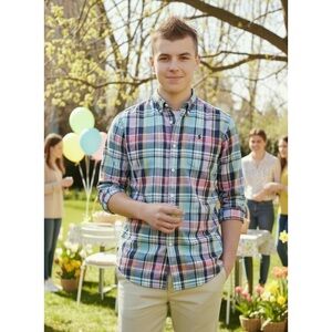Ralph Lauren Boys 14/16 Plaid Pony Logo Shirt Rd/Bl/Yw Easter Church Preppy